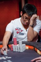 Ronald Lee being put to one of many tough decision during three-handed play. Despite having a 3 to 1 chip lead over his nearest opponent when play came down to three, Lee was eliminated in third place.