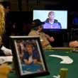 LA Lakers Kobe Bryant pays tribute to Dr. Jerry Buss on a video screen in the Amazon Room at the WSOP.